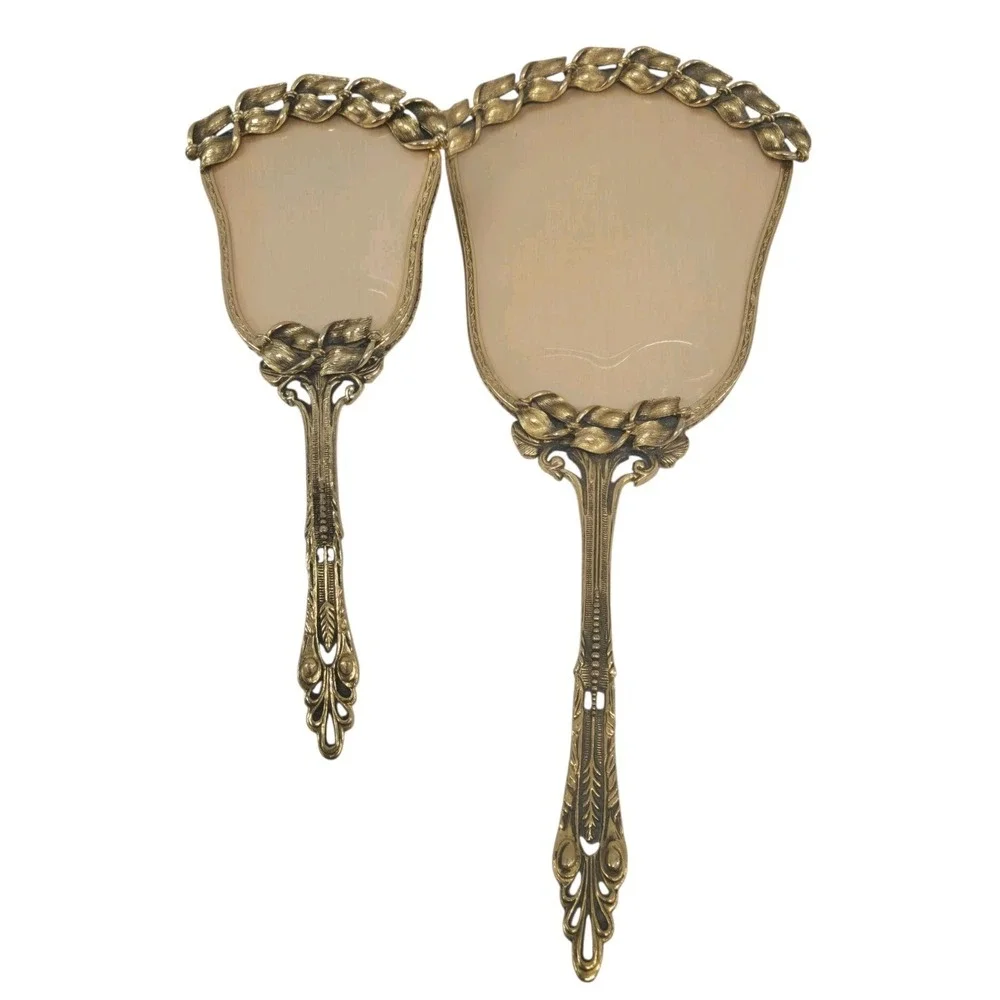 Antique 24kt Gold-Plated Vanity Dresser Set with Hand Mirror and Brush